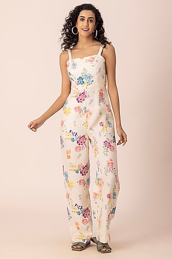 White Hemp Floral Printed Jumpsuit by Ewoke at Pernia's Pop Up Shop