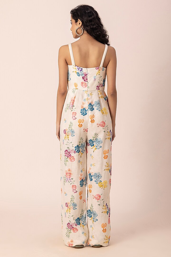 White Hemp Floral Printed Jumpsuit by Ewoke at Pernia's Pop Up Shop