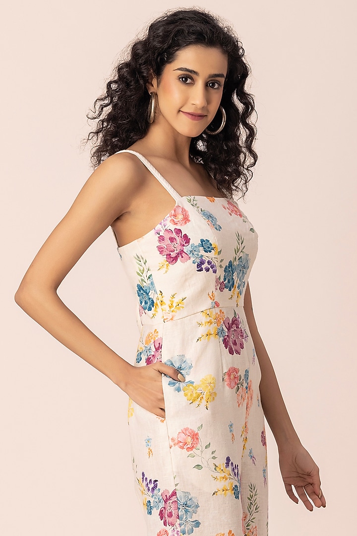 White Hemp Floral Printed Jumpsuit by Ewoke at Pernia's Pop Up Shop
