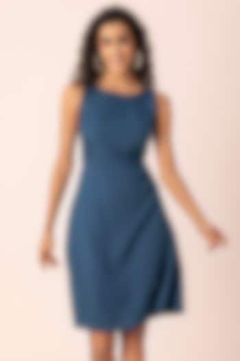 Blue Tencel Knee-Length Printed Dress by Ewoke
