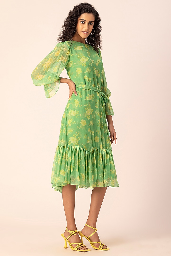 Green Chiffon Floral Printed Midi Dress by Ewoke