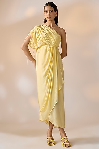 Butter Yellow Satin Georgette One-Shoulder Cowl Draped Dress by Ewoke