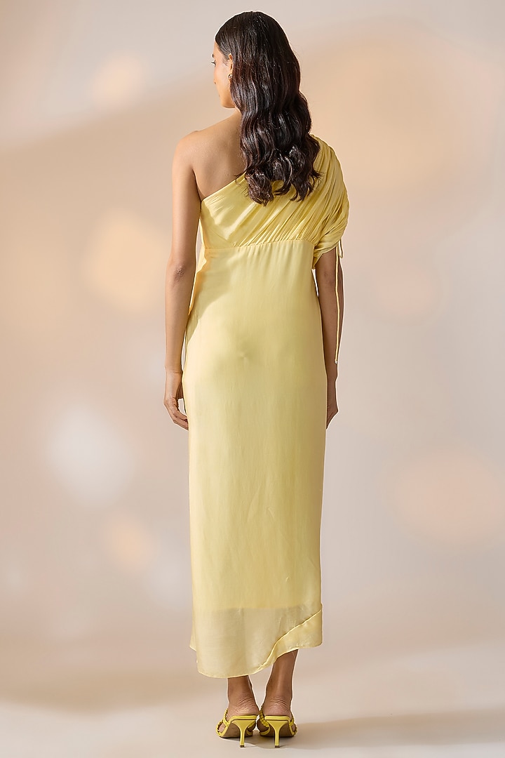 Butter Yellow Satin Georgette One-Shoulder Cowl Draped Summer Dress by Ewoke at Pernia's Pop Up Shop