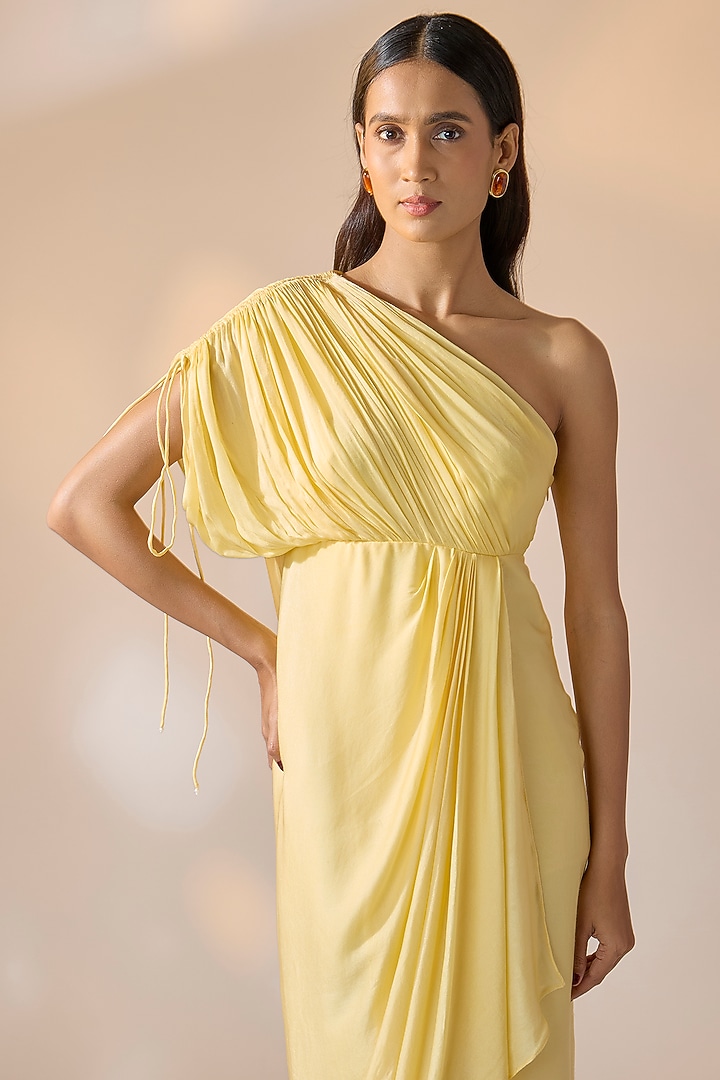 Butter Yellow Satin Georgette One-Shoulder Cowl Draped Summer Dress by Ewoke at Pernia's Pop Up Shop