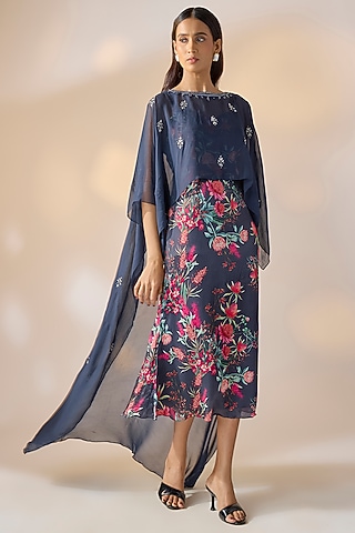 Blue Georgette Floral Slip Dress With Overlay by Ewoke