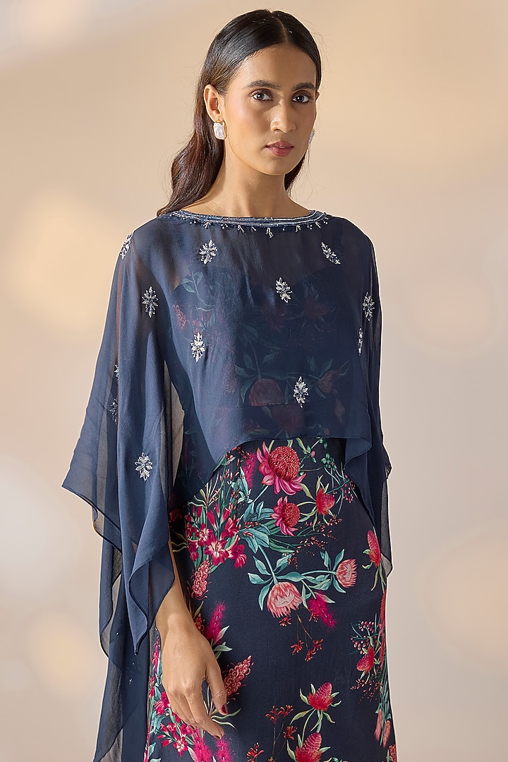 Blue Georgette Floral Slip Summer Dress With Overlay by Ewoke at Pernia's Pop Up Shop