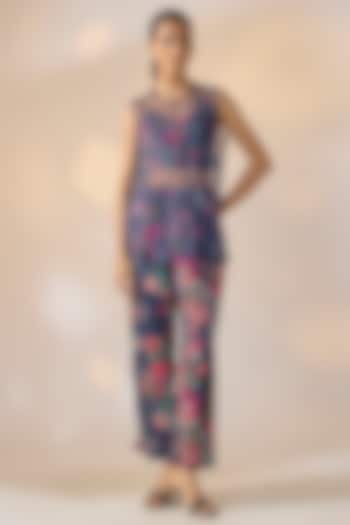 Blue Satin Georgette Hand Embroidered Co-Ord Set by Ewoke at Pernia's Pop Up Shop