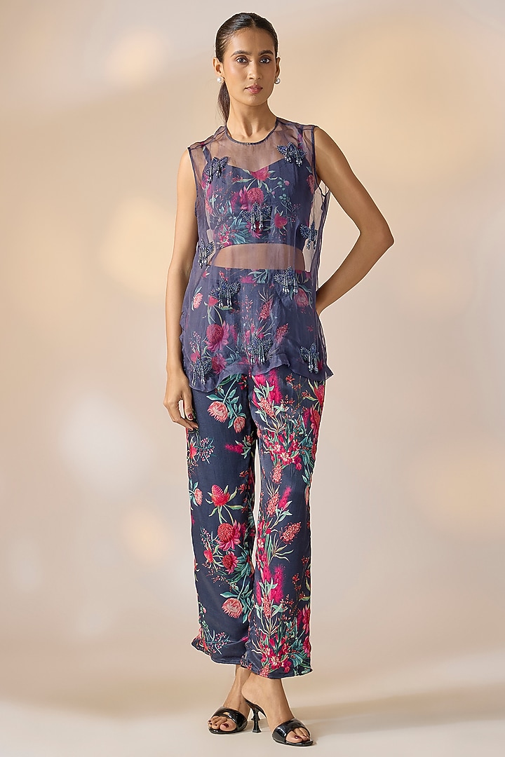 Blue Satin Georgette Hand Embroidered Co-Ord Set by Ewoke at Pernia's Pop Up Shop