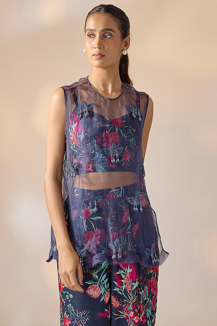 Blue Satin Georgette Hand Embroidered Co-Ord Set by Ewoke at Pernia's Pop Up Shop
