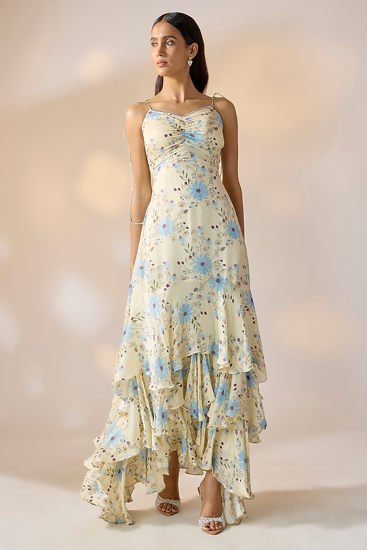 Beige Chiffon Floral Printed Layered Ruffled Summer Dress by Ewoke at Pernia's Pop Up Shop