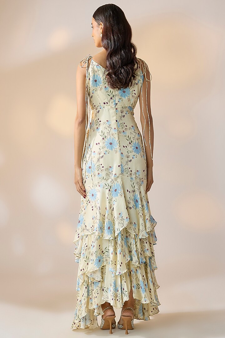 Beige Chiffon Floral Printed Layered Ruffled Summer Dress by Ewoke at Pernia's Pop Up Shop