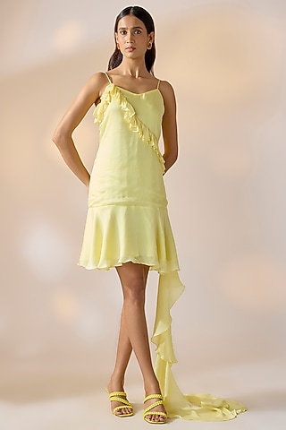 knee length dresses for ladies Lamira Yellow Satin Mini Dress - US 2