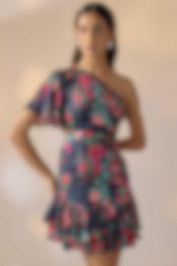 Blue Satin Georgette Floral Printed One-Shoulder Mini Summer Dress by Ewoke at Pernia's Pop Up Shop