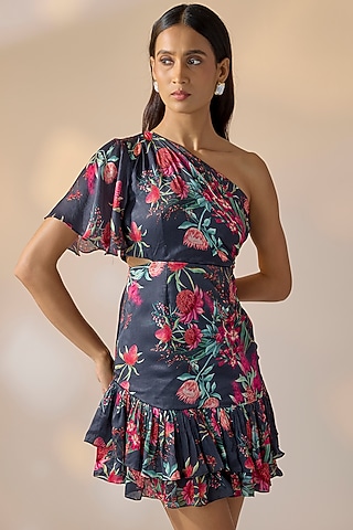 Blue Satin Georgette Floral Printed One-Shoulder Mini Dress by Ewoke