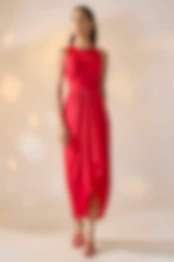 Red Satin Georgette Draped Summer Dress by Ewoke at Pernia's Pop Up Shop