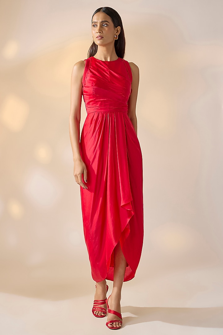 Red Satin Georgette Draped Summer Dress by Ewoke at Pernia's Pop Up Shop