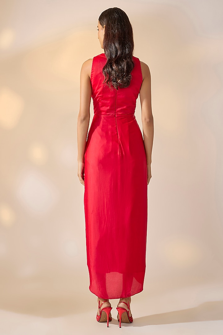 Red Satin Georgette Draped Summer Dress by Ewoke at Pernia's Pop Up Shop