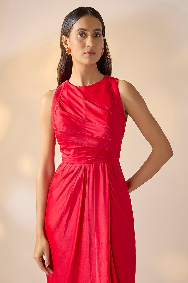 Red Satin Georgette Draped Summer Dress by Ewoke at Pernia's Pop Up Shop
