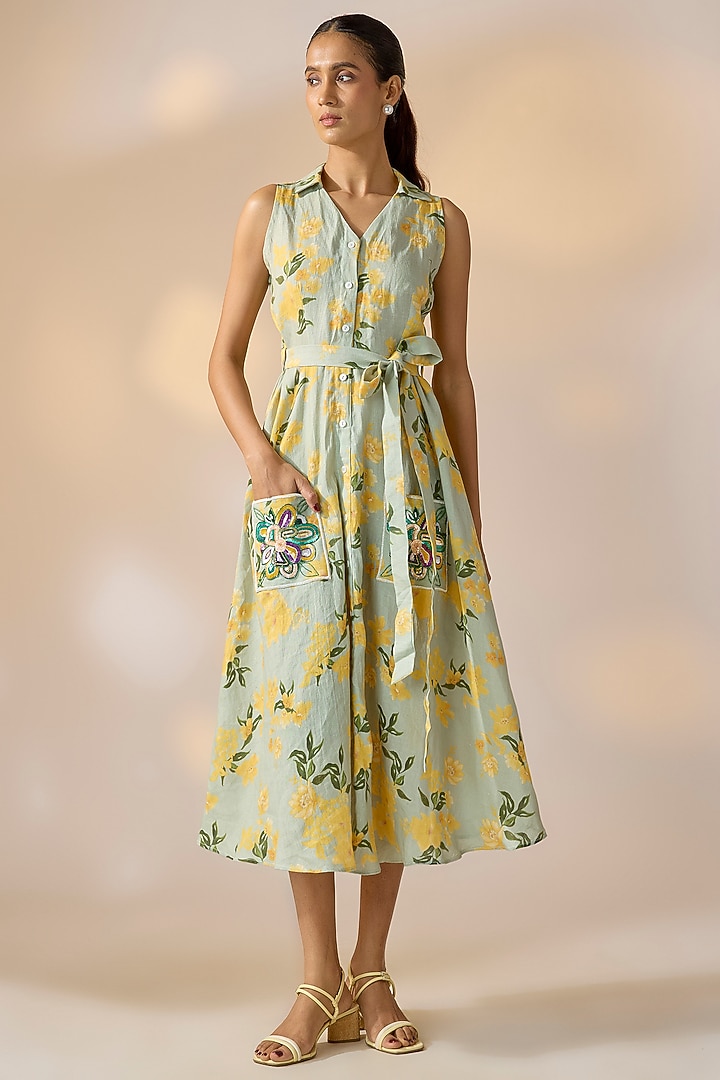 Green Pure Hemp Floral Midi Summer Dress by Ewoke at Pernia's Pop Up Shop