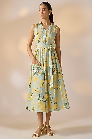 Green Pure Hemp Floral Midi Dress by Ewoke