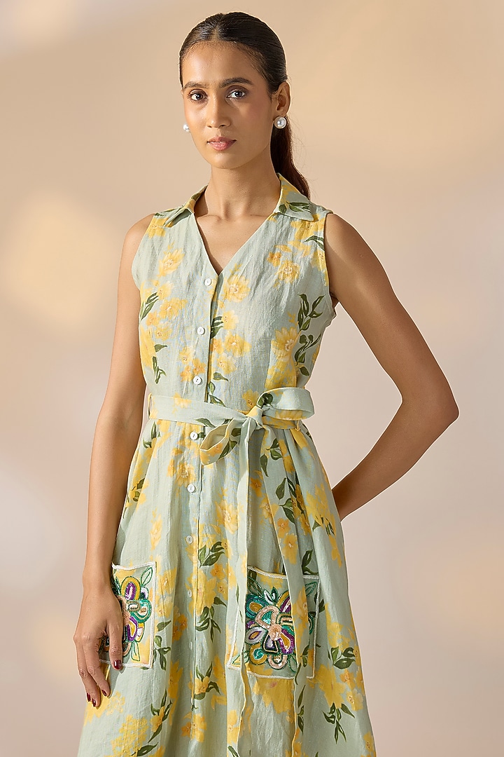 Green Pure Hemp Floral Midi Summer Dress by Ewoke at Pernia's Pop Up Shop