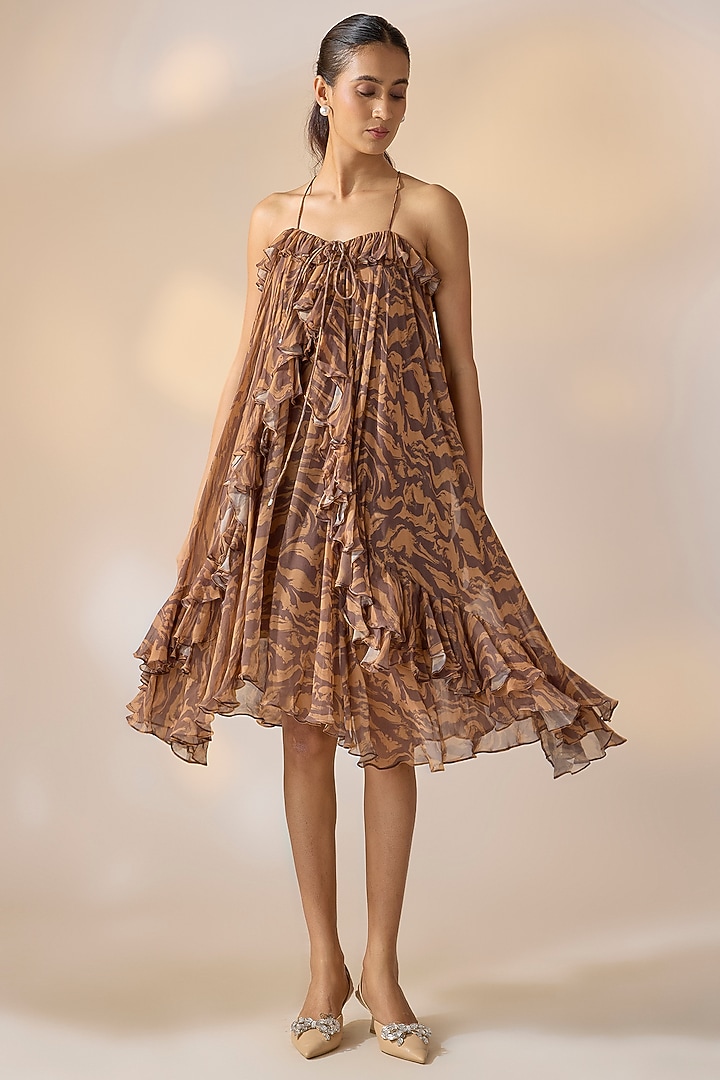 Brown Georgette Marble Printed Summer Dress by Ewoke at Pernia's Pop Up Shop