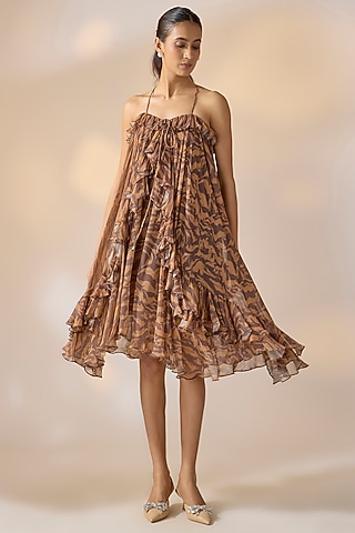 Brown Georgette Marble Printed Dress by Ewoke