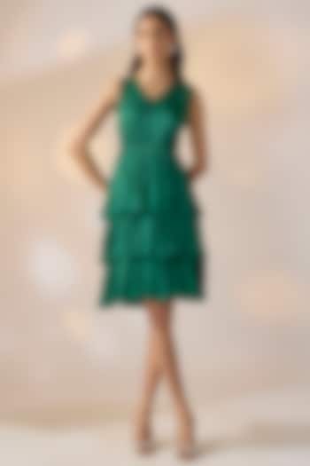 Green Satin Georgette Ruffled Tiered Summer Dress by Ewoke at Pernia's Pop Up Shop