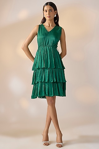 Green Satin Georgette Ruffled Tiered Dress by Ewoke