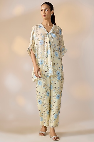 Beige Chiffon Floral Printed Co-Ord Set by Ewoke
