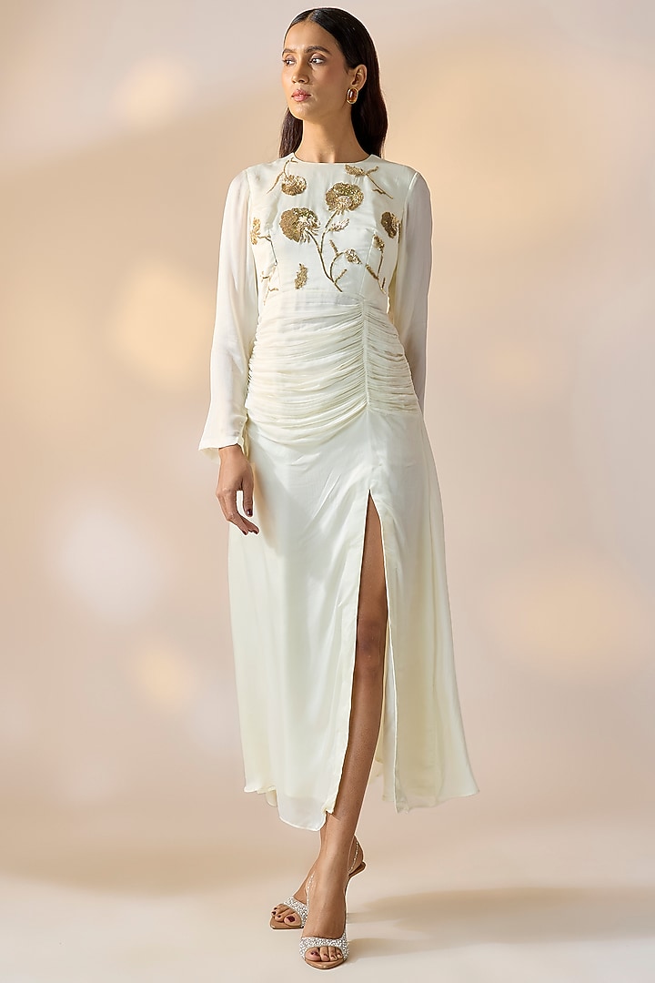 Ivory Satin Sequin Embellished Ruched Summer Dress by Ewoke at Pernia's Pop Up Shop