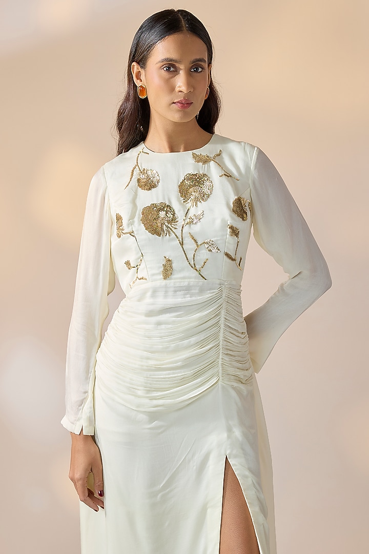 Ivory Satin Sequin Embellished Ruched Summer Dress by Ewoke at Pernia's Pop Up Shop