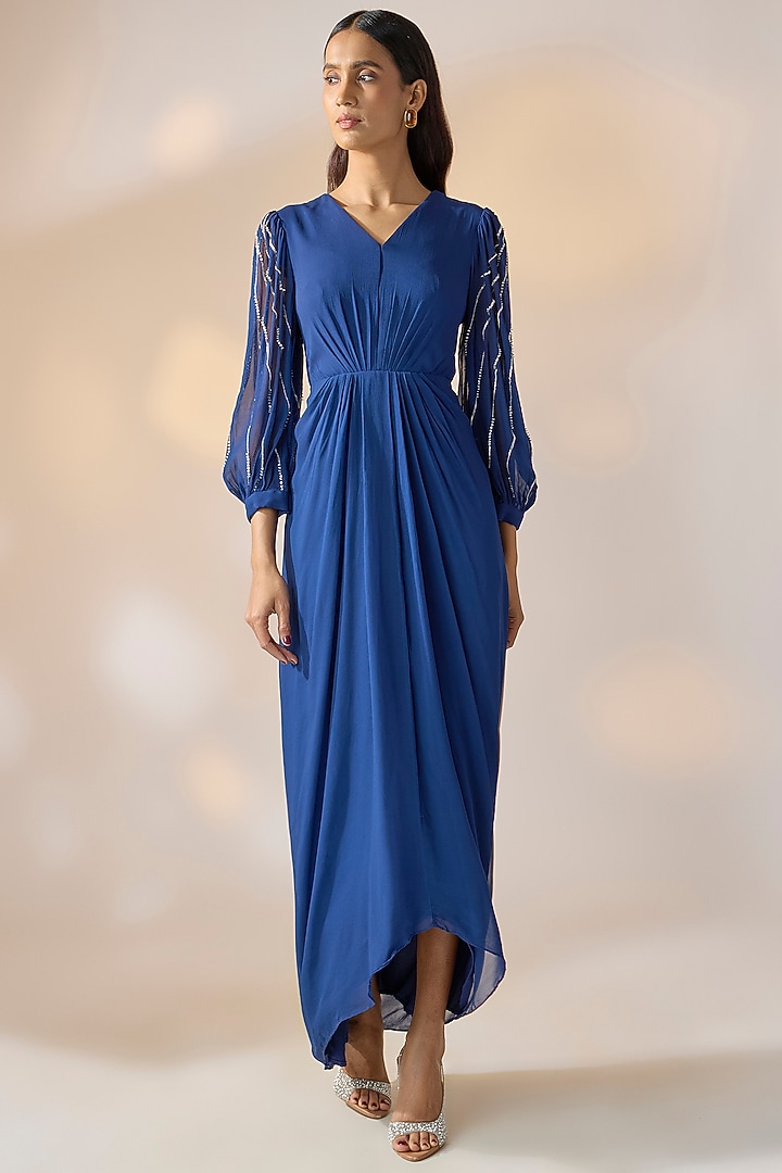 Blue Georgette Sequin Embellished Summer Dress by Ewoke at Pernia's Pop Up Shop