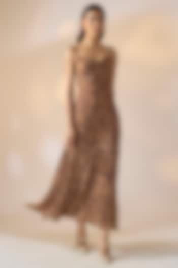 Brown Georgette Marble Printed Maxi Summer Dress by Ewoke at Pernia's Pop Up Shop