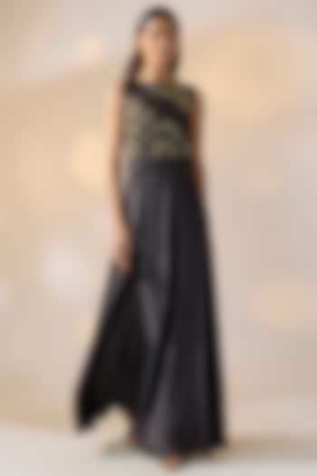 Black Satin Bead Hand Embellished Party Wear Gown by Ewoke at Pernia's Pop Up Shop