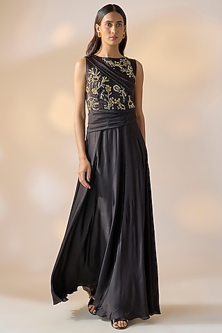 Black Satin Bead Hand Embellished Gown by Ewoke