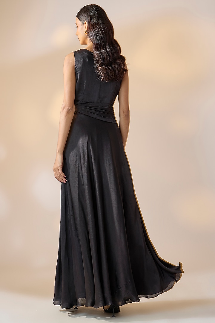 Black Satin Bead Hand Embellished Party Wear Gown by Ewoke at Pernia's Pop Up Shop