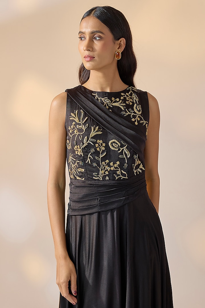 Black Satin Bead Hand Embellished Party Wear Gown by Ewoke at Pernia's Pop Up Shop