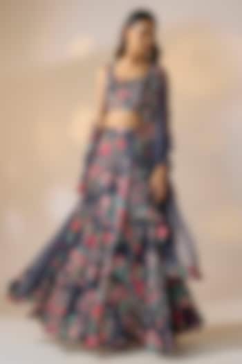 Blue Satin Georgette Hand Embroidered & Floral Printed Lehenga Set by Ewoke at Pernia's Pop Up Shop