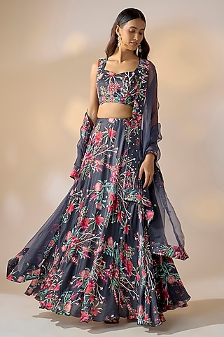 Blue Satin Georgette Hand Embroidered & Floral Printed Lehenga Set by Ewoke