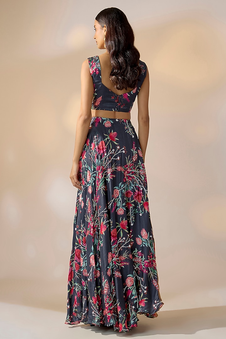 Blue Satin Georgette Hand Embroidered & Floral Printed Lehenga Set by Ewoke at Pernia's Pop Up Shop