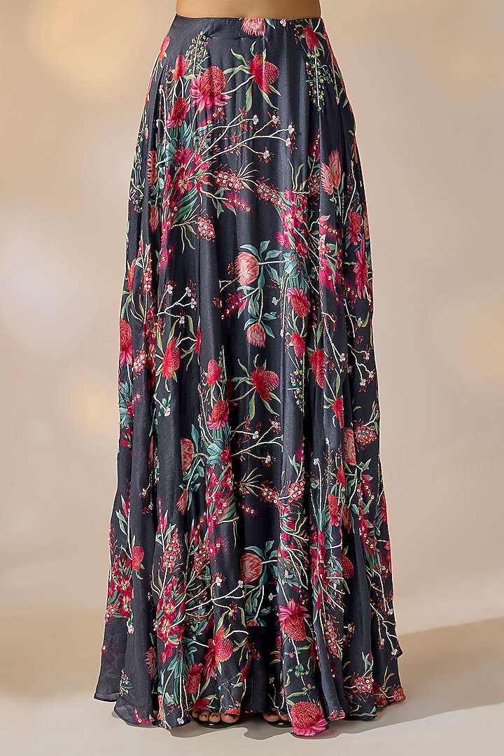 Blue Satin Georgette Hand Embroidered & Floral Printed Lehenga Set by Ewoke at Pernia's Pop Up Shop