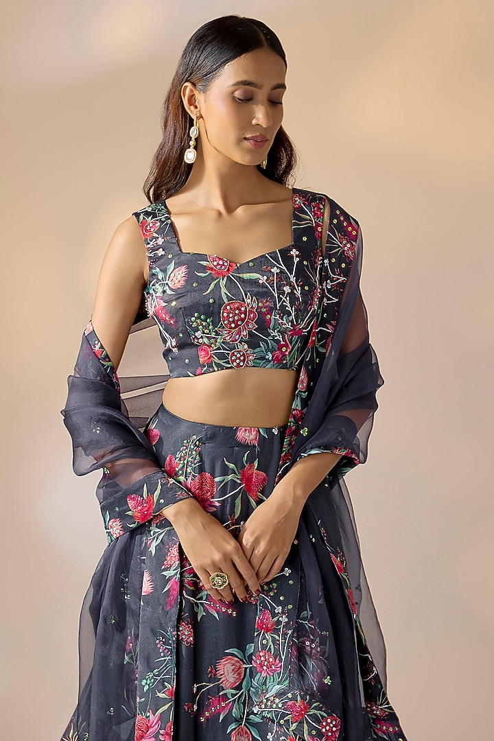 Blue Satin Georgette Hand Embroidered & Floral Printed Lehenga Set by Ewoke at Pernia's Pop Up Shop