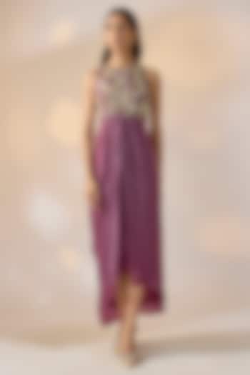Purple Crepe Floral Embroidered Draped Summer Dress by Ewoke at Pernia's Pop Up Shop