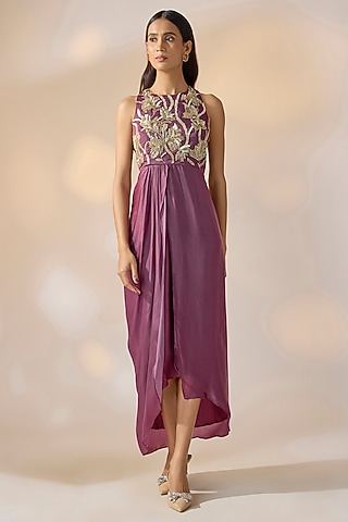 Purple Crepe Floral Embroidered Draped Dress by Ewoke