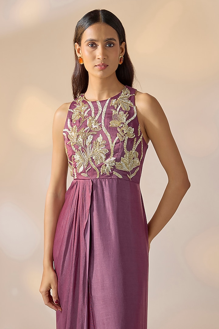 Purple Crepe Floral Embroidered Draped Summer Dress by Ewoke at Pernia's Pop Up Shop