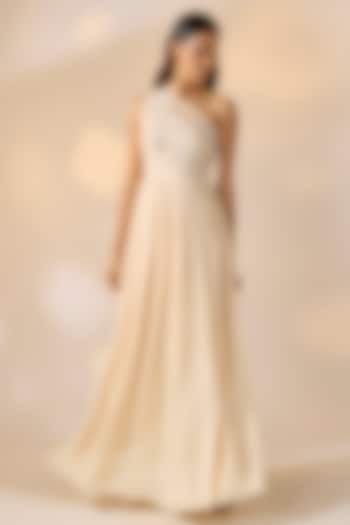 Ivory Georgette Satin Hand Embroidered Party Wear Gown by Ewoke at Pernia's Pop Up Shop