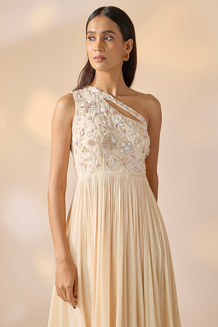 Ivory Georgette Satin Hand Embroidered Party Wear Gown by Ewoke at Pernia's Pop Up Shop