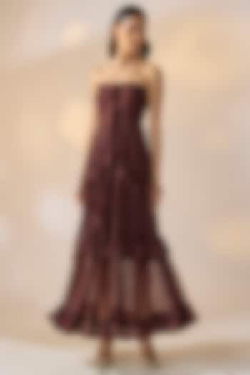 Brown Georgette Pleated Off-Shoulder Summer Dress by Ewoke at Pernia's Pop Up Shop