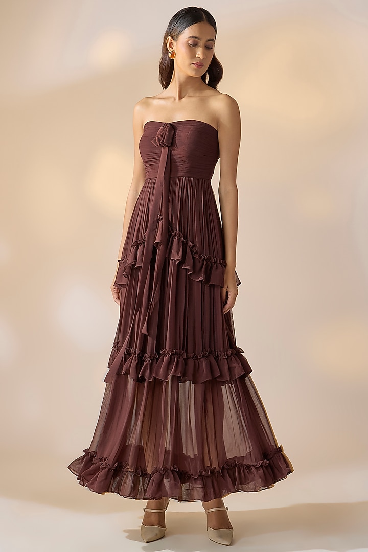 Brown Georgette Pleated Off-Shoulder Summer Dress by Ewoke at Pernia's Pop Up Shop